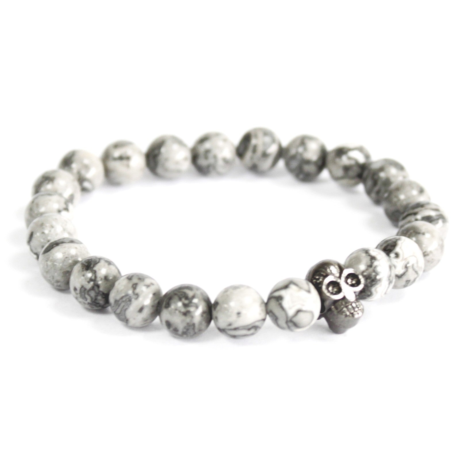 3x Pewter Skull / Grey Agate - Gemstone Bracelet - Hira Online