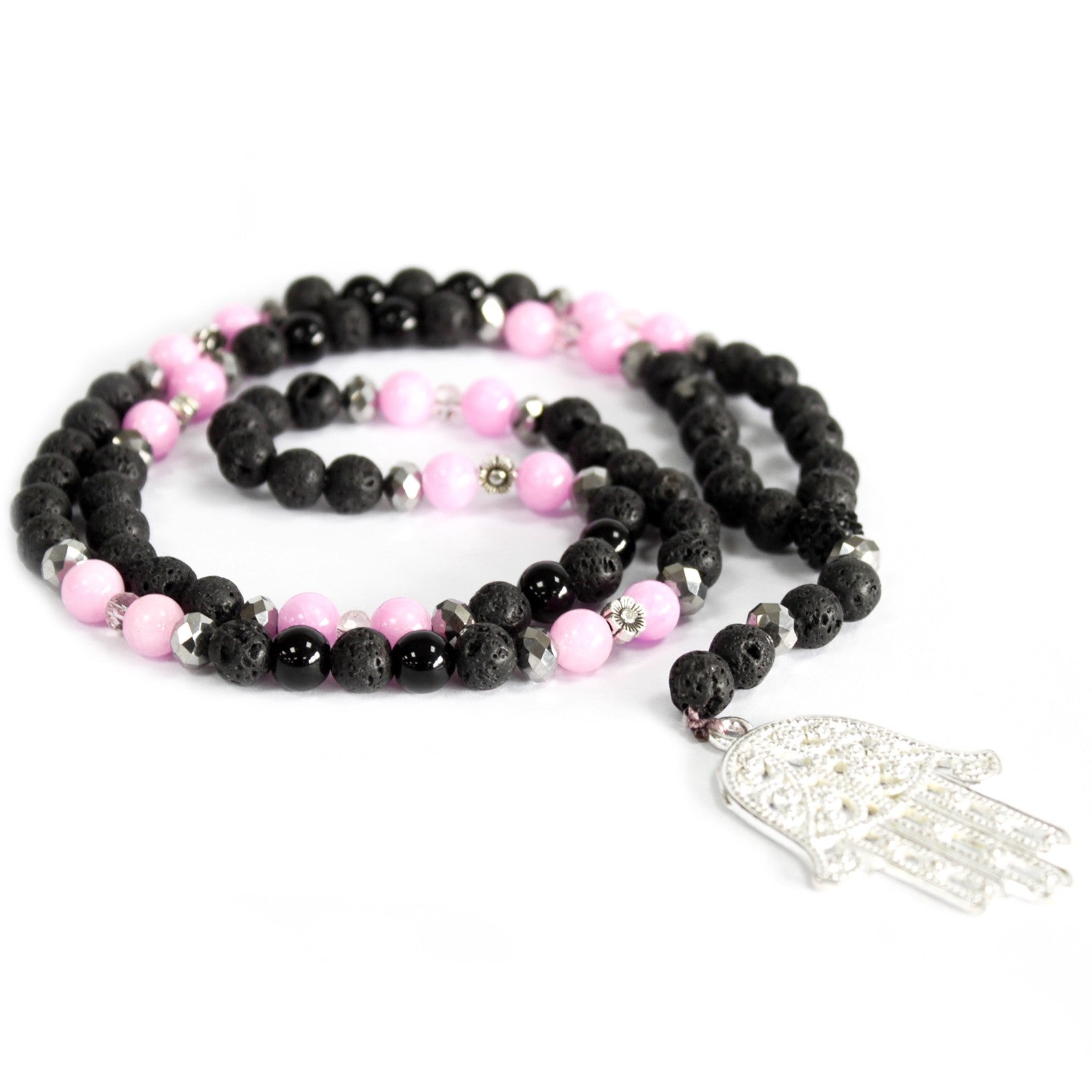 Hamsa / Pink & Black - Gemstone Necklace - Hira Online