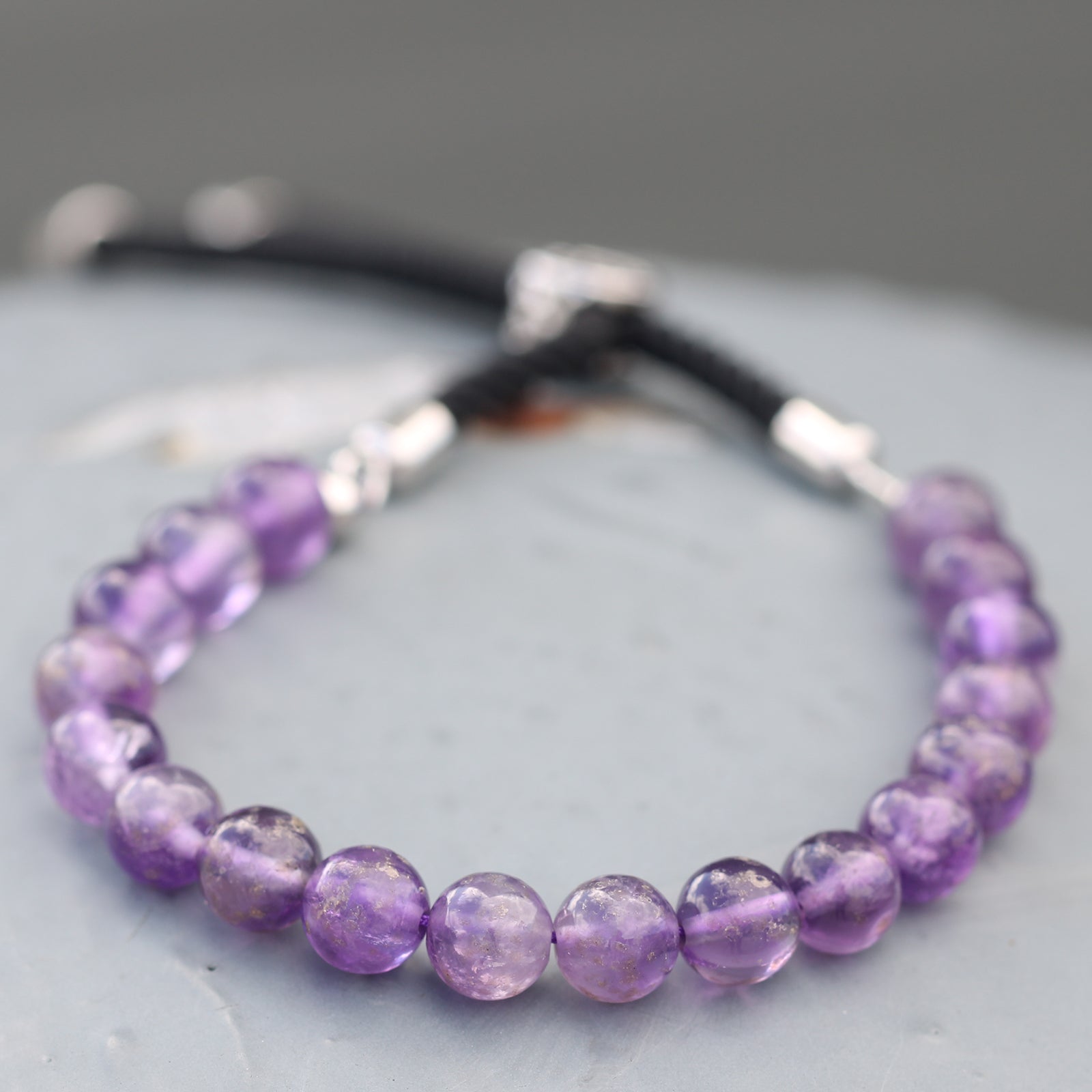 925 Silver Plated Gemstone Black String Bracelet - Amethyst - Hira Online