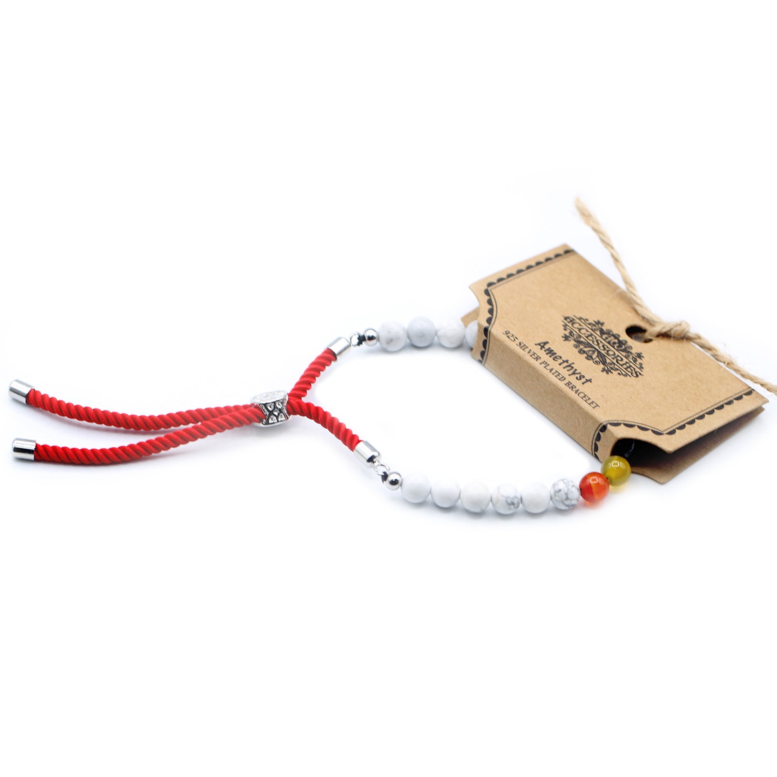 925 Silver Plated Gemstone Royal Red String Bracelet - White Howlite Chakra - Hira Online
