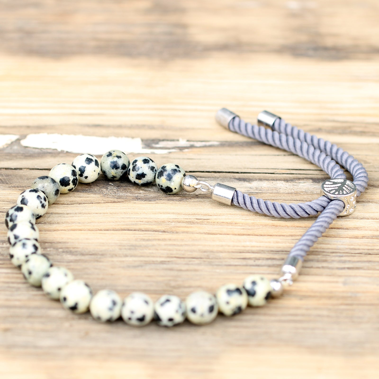 925 Silver Plated Gemstone Charcoal String Bracelet - Dalmation Jasper - Hira Online